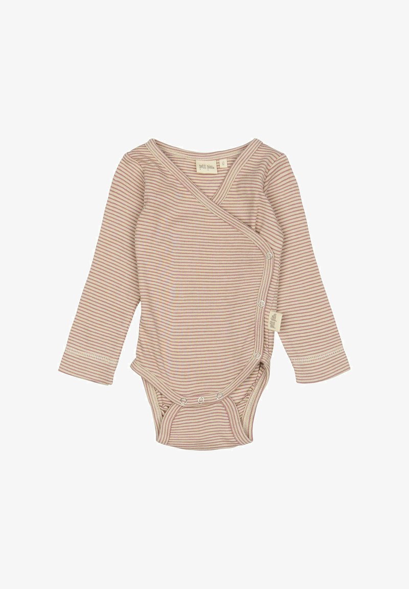 Bodysuit pour bébé à manches longues rayé en beige doux et rose pastel, de style enveloppant avec fermeture à pression en bas et étiquette sur le côté.