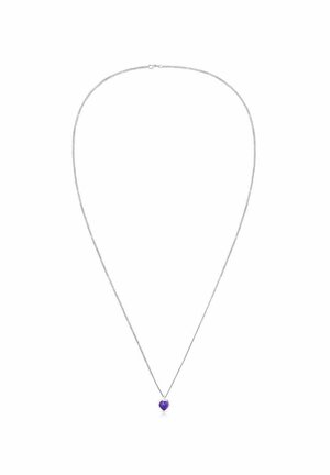 Hieno hopeaketju kaulakoru, jossa pieni violetti sydämenmuotoinen riipus, sijoitettuna keskelle alareunaan.