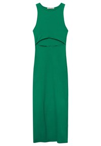 Robe verte à côtes avec un design sans manches, présentant une découpe à la taille et une fente sur le côté pour faciliter les mouvements. Fabriquée en tissu extensible.