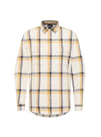 Lange mouw geblokt overhemd in crème met gele en grijze ruitpatroon, voorzien van een kraag, twee voorzakken en knoopsluiting.