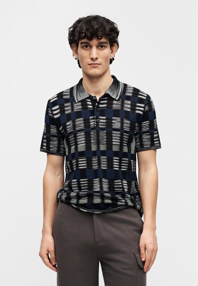 Black and navy short-sleeve polo shirt featuring a textured plaid pattern, a striped collar, and three-button placket.