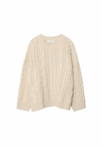 Beige neulottu villapaita, jossa on palmikkoneulekuvio, pyöreä pääntie ja löysä istuvuus, jossa on resorit hihansuuissa ja helmassa. Ei näkyviä merkkilogoja.