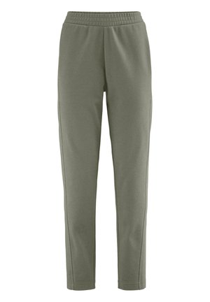 Olive green sweatpants made of soft fabric, featuring an elastic waistband, straight cut, and side pockets for functionality.