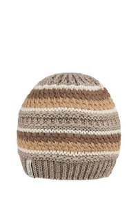 Knit beanie in brown, beige, and cream stripes. Features textured pattern with ribbed hem and a small branded tag on the side.