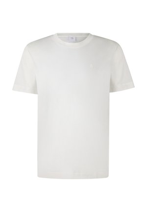 Weißes Baumwoll-T-Shirt mit rundem Ausschnitt, kurzen Ärmeln und einem kleinen, hellgrauen "B"-Logo auf der Brust. Glatte Textur.