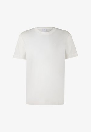 Wit katoenen T-shirt met een ronde hals, korte mouwen en een klein lichtgrijs letterlogo "B" op de borst. Soepele textuur.