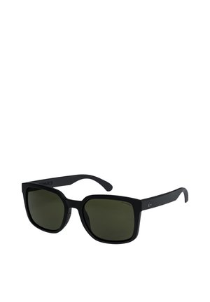 Lunettes de soleil noires polarisées avec une monture carrée, finition mate et verres vert foncé. Présente un logo sur les branches.
