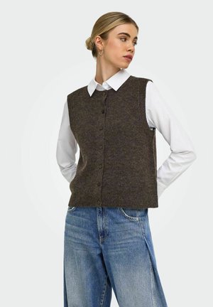 Kvinde med blond hår i en knold iført en hvid skjorte med krave, mørkebrun knaplukket strikvest og blå jeans, som kigger mod venstre.