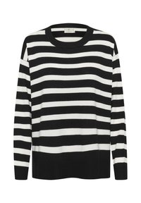Sweter w czarno-białe paski z okrągłym dekoltem, długimi rękawami i prążkowanymi mankietami. Wykonany z miękkiego materiału, charakteryzujący się luźnym krojem.