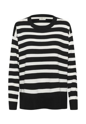 Mustvalge triibuline sviiter ümmarguse kaelusega, pikad varrukad ja soonikkoes äärised. Valmistatud pehmest kangast, omades lõdva lõiget.