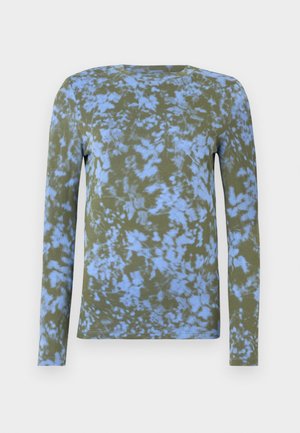 Long-sleeve t-shirt in olive green with blue tie-dye pattern. Features a crew neckline and soft texture. Suitable for casual wear.
