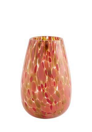 Tapered glass vase with a mosaic pattern of pink, red, and amber oval shapes on a white background.