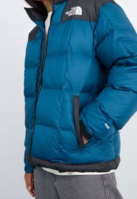 Person iført en blå og sort North Face pufferjakke med hånden i lommen, stående mod en ensfarvet lys baggrund.