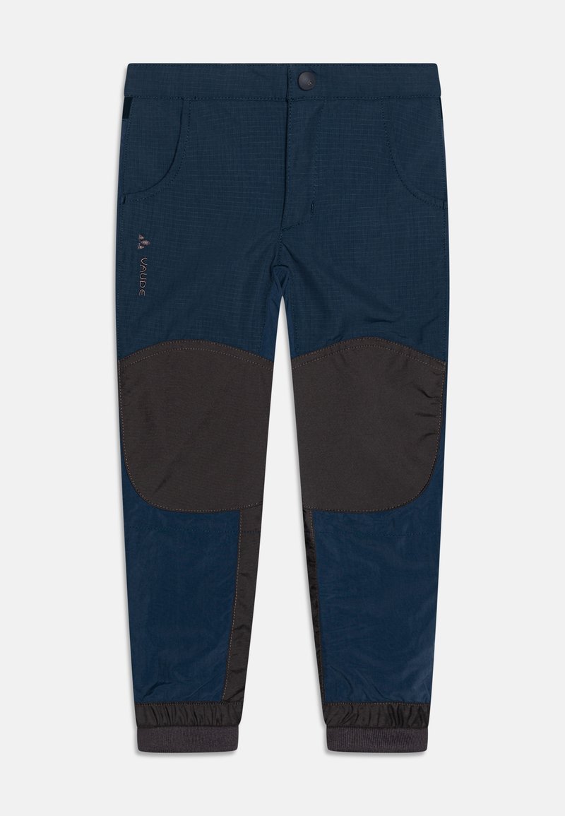 Pantaloni da esterno blu navy con toppe nere sulle ginocchia, polsini elasticizzati, due tasche laterali e cuciture a contrasto. Progettati per durevolezza e comfort.