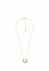 Goldfarbene Halskette mit einem Hufeisen-Anhänger, verziert mit bunten Edelsteinen in verschiedenen Formen, darunter rechteckige und kreisförmige.