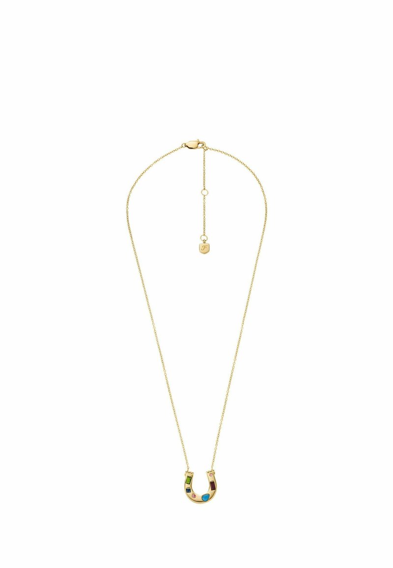 Goldfarbene Halskette mit einem Hufeisen-Anhänger, verziert mit bunten Edelsteinen in verschiedenen Formen, darunter rechteckige und kreisförmige.