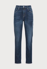 Mörkblå raka jeans i denim med fram- och bakfickor, knappstängning och subtila slitningar på låren.