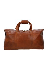 Borsa da viaggio in pelle marrone con una texture liscia, manici arrotondati, chiusura con zip e cuciture a contrasto. Presenta un design minimalista e senza hardware visibile.