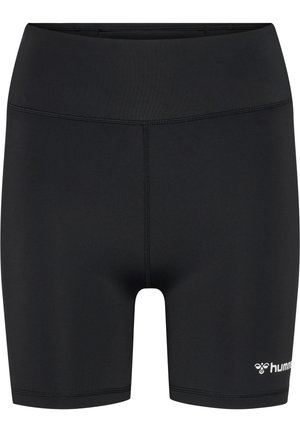 Zwarte sportbroeken met een hoge tailleband, gemaakt van een gladde, elastische stof. Beschikt over platte naden en een klein logo op het onderste gedeelte van het linkerpand.