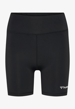 Svarta sportshorts med hög midja, tillverkade av mjuk, elastisk tyg. Har platta sömmar och en liten logotyp på nedre vänstra benet.