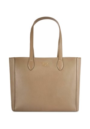 Torba na ramię wykonana z cielęcej skóry w kolorze taupe, z dwoma uchwytami i złotym logo Ochnik na środku przodu.