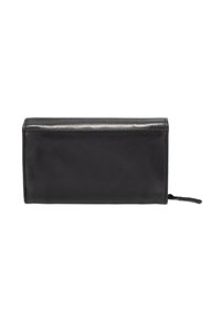 Portefeuille en cuir noir avec une texture lisse, de forme rectangulaire, et une tirette de fermeture éclair. Design simple sans matériel ou motifs visibles.