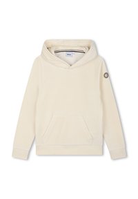 Felpa color crema realizzata in morbido fleece, dotata di tasca a marsupio, texture a coste e una toppa con il logo sul maniche sinistra.