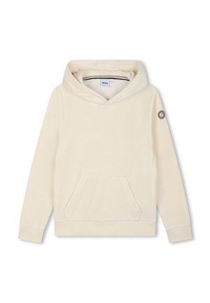 Hoodie couleur crème en polaire douce, doté d'une poche kangourou, d'une texture côtelée et d'un patch logo sur la manche gauche.