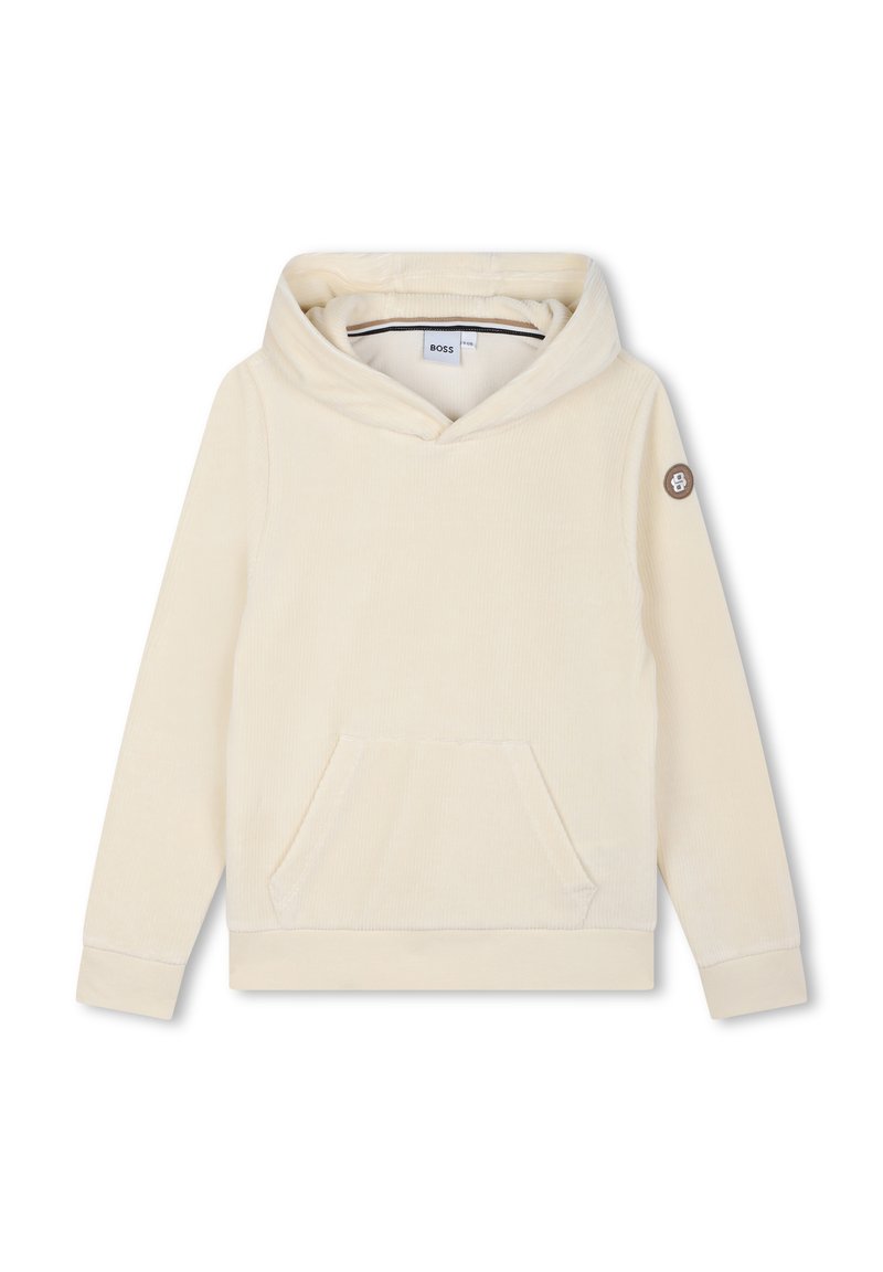 Felpa color crema realizzata in morbido fleece, dotata di tasca a marsupio, texture a coste e una toppa con il logo sul maniche sinistra.