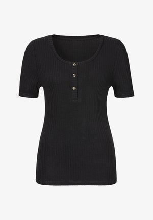 Top corto a maniche corte rigato nero con scollatura rotonda e patta con tre bottoni. Texture morbida con silhouette aderente e orlo dritto.