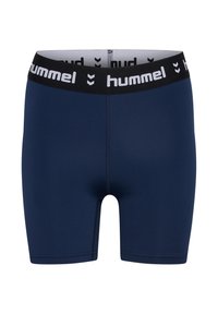 Marinblå sportshorts med svart midjeband som har vit "hummel"-branding. Tillverkade av ett glatt, elastiskt tyg med en figurnära design.