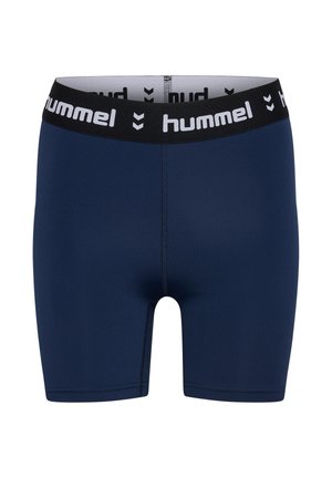 Marinesblå sportsshorts med sort talje, som har hvid "hummel" branding. Lavet af glat, strækbart materiale med tætsiddende design.