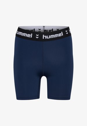 Navy blue sports shorts with a black waistband featuring white "hummel" branding. Made of smooth, stretchy fabric with fitted design.