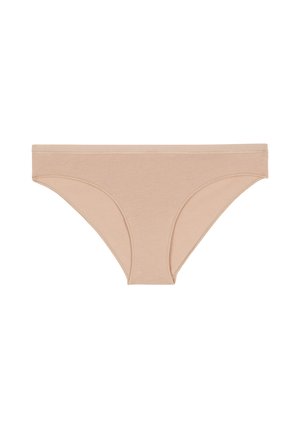 Beige Baumwoll-Bikiniunterwäsche mit nahtlosem Design, elastischem Bund und geschwungenen Beinausschnitten. Weicher Griff ohne sichtbare Muster.