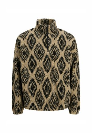 Tan fleece pullover with a half-zip collar, featuring a black diamond pattern, elastic cuffs, and a soft texture.