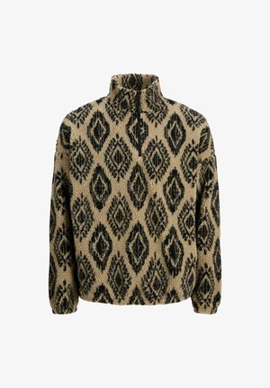 Pullover in pile beige con colletto a mezza zip, caratterizzato da un motivo a rombi neri, polsini elasticizzati e una texture morbida.