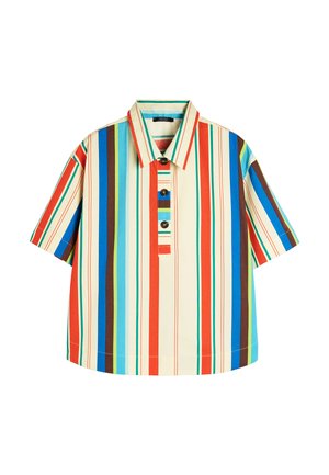 Koszula z krótkim rękawem w kremowym kolorze z pionowymi paskami w czerwonym, niebieskim, zielonym i brązowym; posiada zapięcie na guziki i kołnierzyk.