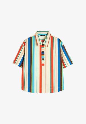 Koszula z krótkim rękawem w kremowym kolorze z pionowymi paskami w czerwonym, niebieskim, zielonym i brązowym; posiada zapięcie na guziki i kołnierzyk.