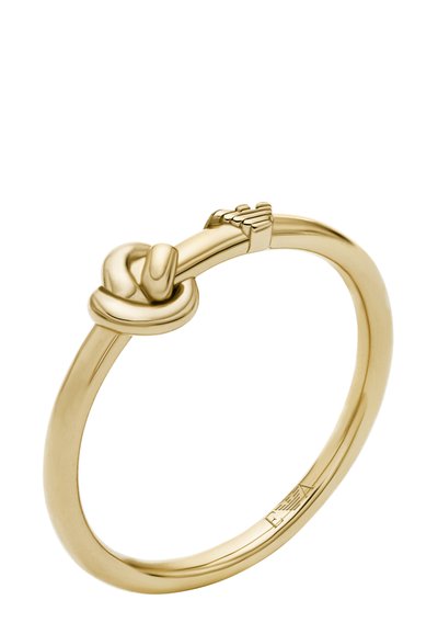 Goldring mit einem Knotenmuster an der Vorderseite und einem kleinen Verschlussdetail auf einem glatten, abgerundeten Band.