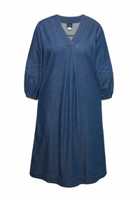 Denim mekko, jossa on V-pääntie, kolme neljännespituista puffihihnaa ja ommeltuja yksityiskohtia hihoissa. A-linjainen malli ja polvipituinen helma. Keskisininen väri.