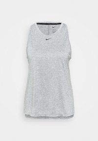 Grå ærmeløs træningstop med rund halsudskæring, lavet af letvægtsstof, med en subtil tekstur og en lille sort Nike-logo på brystet.