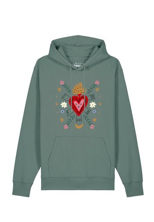 Grüner Kapuzenpullover mit einem roten Herz, umgeben von Blumen, Blättern, Sternen und einem gelben Halbmond-Design auf der Vorderseite.