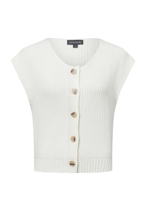 White ribbed cropped cardigan with short sleeves, featuring a V-neck and five large front buttons. Textured fabric and fitted hem.