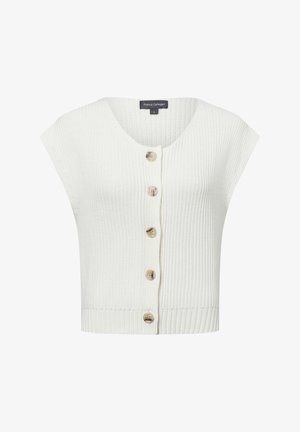 Weißes, geripptes, kurzes Strickjäckchen mit kurzen Ärmeln, V-Ausschnitt und fünf großen vorderen Knöpfen. Texturiertes Material und taillierte Säume.