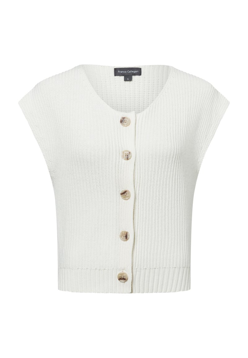Witte geribbelde cropped cardigan met korte mouwen, voorzien van een V-hals en vijf grote knopen aan de voorkant. Textuurstof en aangesloten zoom.