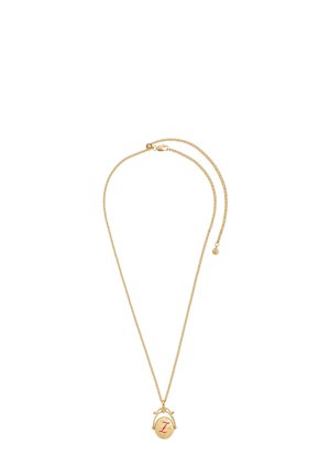Gouden hangende ketting met een ovale charme met een rode letter "L," hangend aan een delicate gouden ketting met een kreeftsluiting.