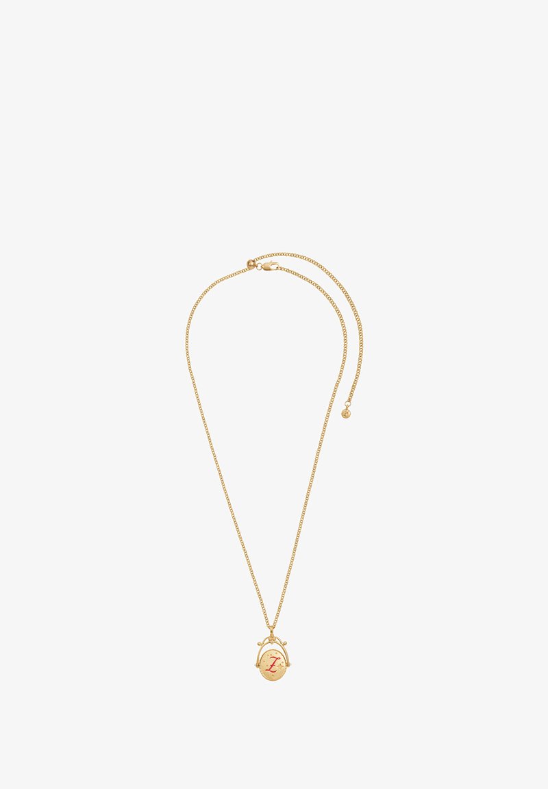 Kuldne kaelakee ovaalse ripatsi ja punase tähega "L", mis on riputatud õrna kullatud ketti, mis on varustatud konksuga.