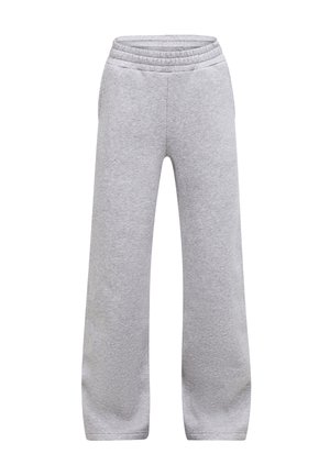 Pantaloni della tuta grigio chiaro con vita elastica e gambe ampie e dritte, realizzati in tessuto morbido per un uso casual.