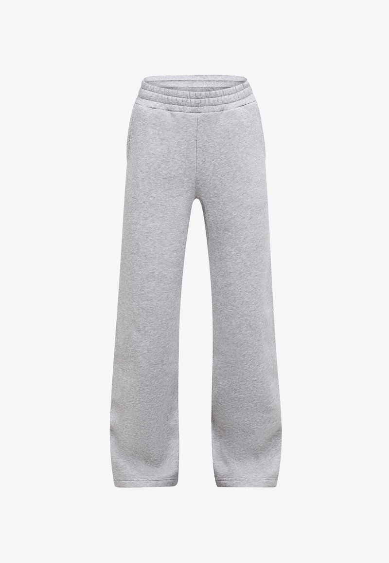 Hellgraue Sweatpants mit elastischem Bund und weiten, geraden Beinen, hergestellt aus weichem Stoff für legere Kleidung.