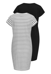 Deux robes courtes à manches courtes, longueur genou, une noire et une blanche avec des rayures horizontales noires, vues de dos.